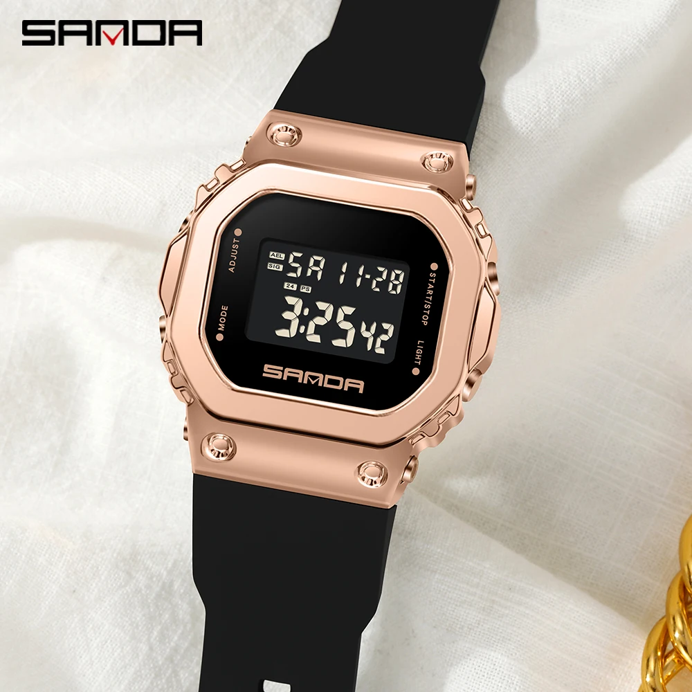 Sanda Women Electronic Digital Sports Wristwatch Fashion New Woman Stopwatch Waterproof Shock Watches Girl Rose Gold Gift Clock