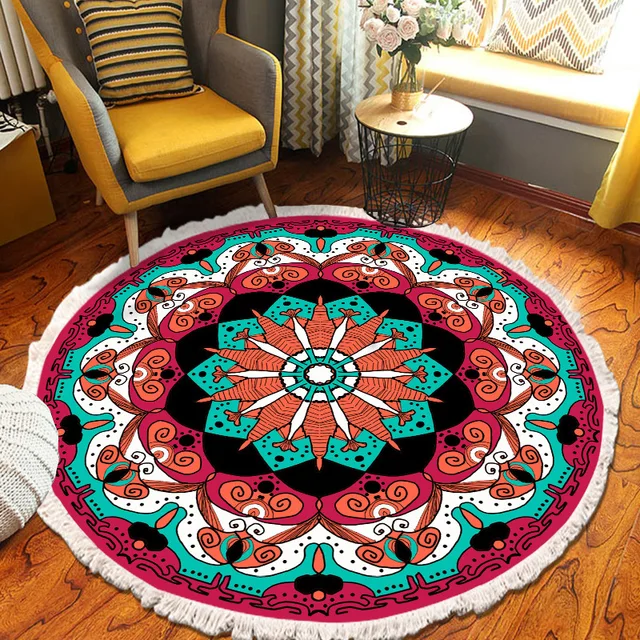 ​Home Decor Retro Bohemian Round Carpet Hand Woven Cotton Linen Carpet Rug Bedside Rug Geometric Floor Mat Living Room Carpet AA