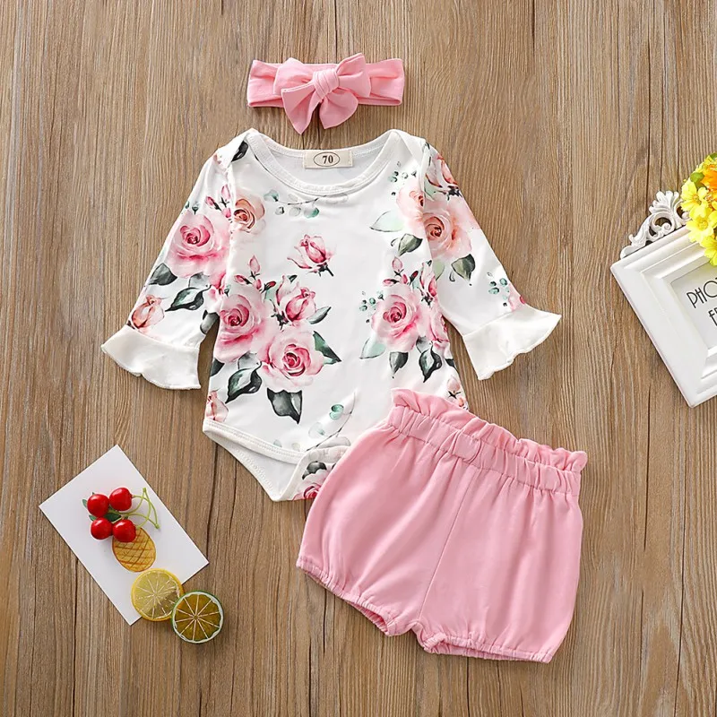 

Baby Girl Clothes Winter Soft Newborn Infant Baby Girl Flower Romper Floral Pants Headband Outfits Sets hot