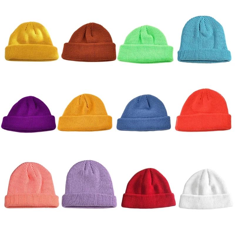 

Unisex Winter Knit Trawler Beanie Hat Solid Color Roll Up Edge Short Skull Cap