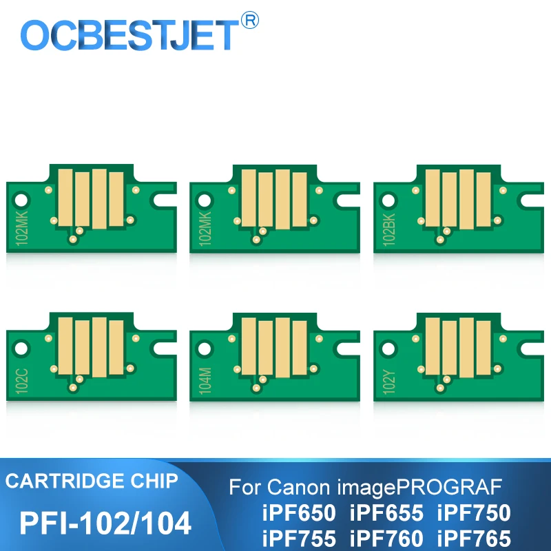 

PFI-102 PFI-104 102 104, постоянный чип картриджа для Canon ImagePROGRAF iPF650 iPF655 iPF750 iPF755 iPF760 iPF765, чипы принтера