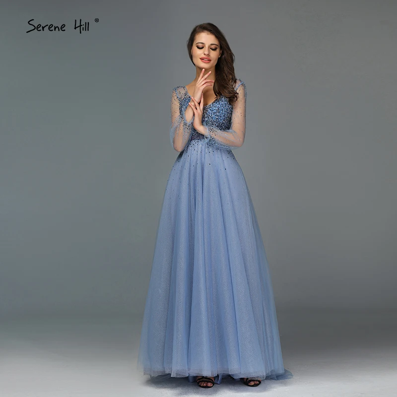 Синяя Длинные рукава трапециевидные вечерние платья e дизайн V-образный вырез Бисер Хрустальные Вечерние платья Длинные Serene Hill LA70143