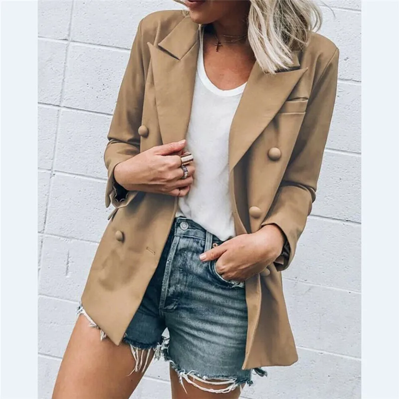 Хаки Женский тонкий повседневный деловой Блейзер, рабочая куртка, пальто с длинным рукавом, верхняя одежда, топы - Цвет: Хаки