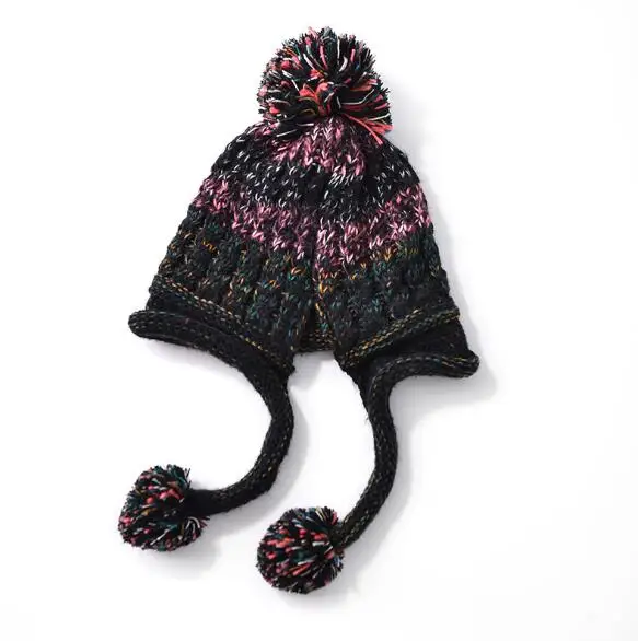 black Women's autumn and winter wool hat curling ball knit hat color matching ball pendant thick warm earmuffs hat - Цвет: black