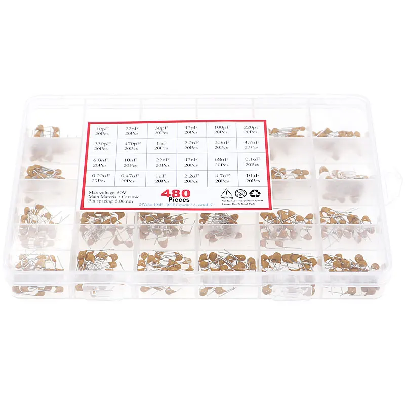 480pcs Monolithic Ceramic Capacitor assortment Kit 10pF-10uF Monolithic Capacitor set 0.1uF 0.22uF 0.47uF 2.2uF 4.7uF Capacitor