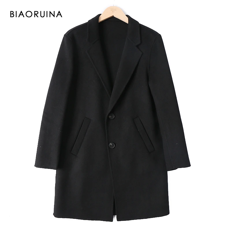 

BIAORUINA Men's Black Solid Wool Blends High Quality Long Trench Male's Single Breasted Elegant Warm Coat Turn-down Collar