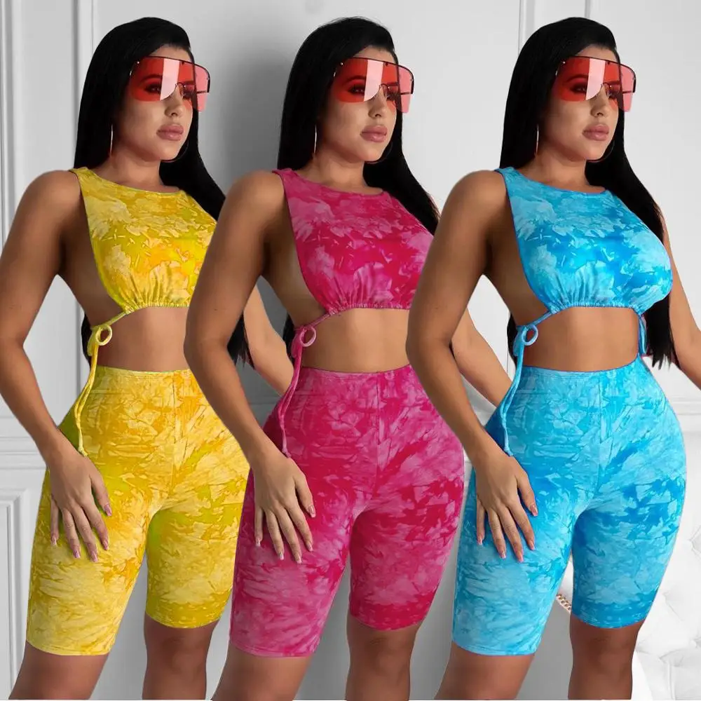 BKLD Womens 2 Piece Outfit Set 2024 Summer New Drawstring Tie Dye Crop Top Biker Short Set Sexy Bodycon Clubwear Women Tracksuit