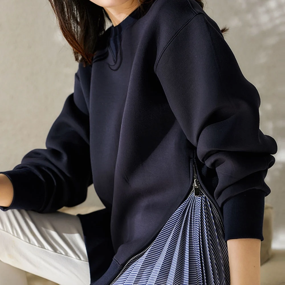 

Patchwork Chic Striped Hoodies Blue Zipper Casual Tops Fall Winter Korean Hoodie Women New Fashion Long Sleeve Sweatshirt