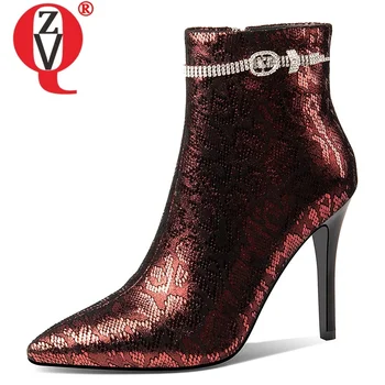 

ZVQ ladies work ankle boots winter new fashion sexy high quality sheepskin pointed toe crystal zip women shoes drop shipping