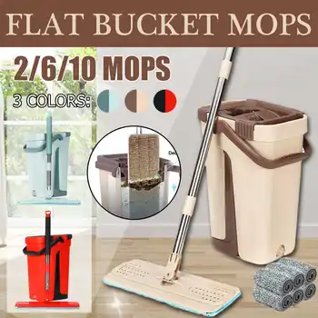 

Flat Squeeze Mop Bucket Hand Free Wringing Stainless Steel Mop Self Wet And Cleaning System Dry Cleaning Microfiber with 10 Pads