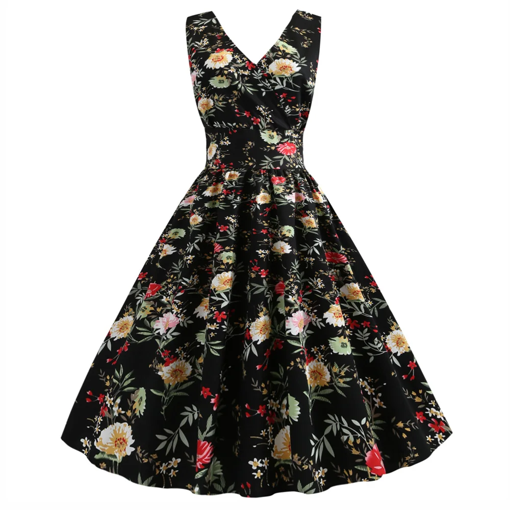 

Joineles Sexy V Neck Sleeveless Floral Women Retro Dress Summer Print Party Vestidos De Feast Cotton 60s Vintage Female Dresses