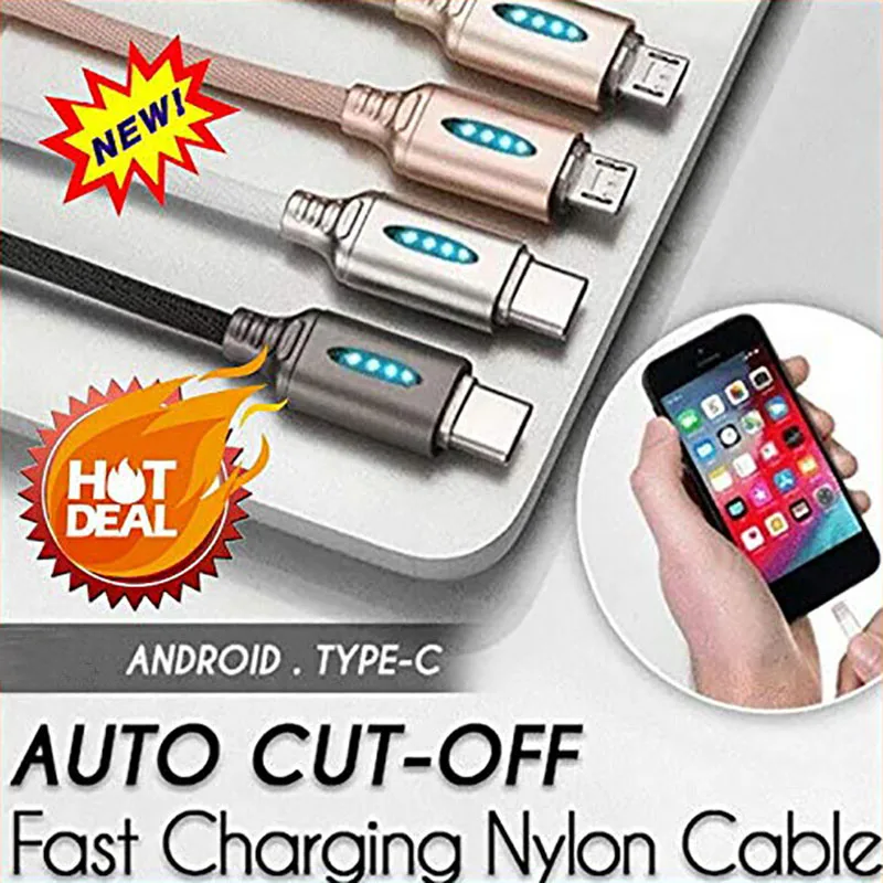 1m Auto Cut-off Fast Charging Nylon Cable Mobile Phone Intelligent