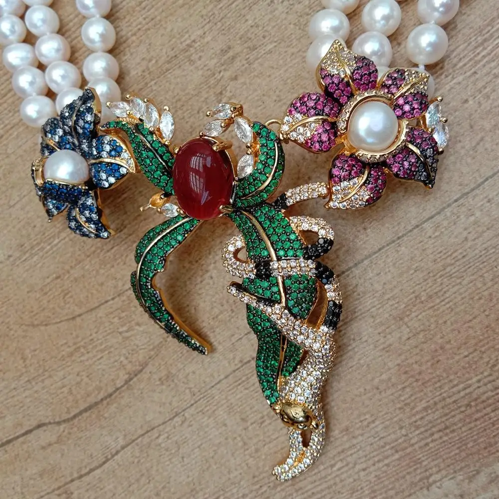 関税/送料込み【CERNUCCI】アイスパームツリーペンダント Y·YING 3 Strands Cultured White Pearl Cubic Zirconia Pave
