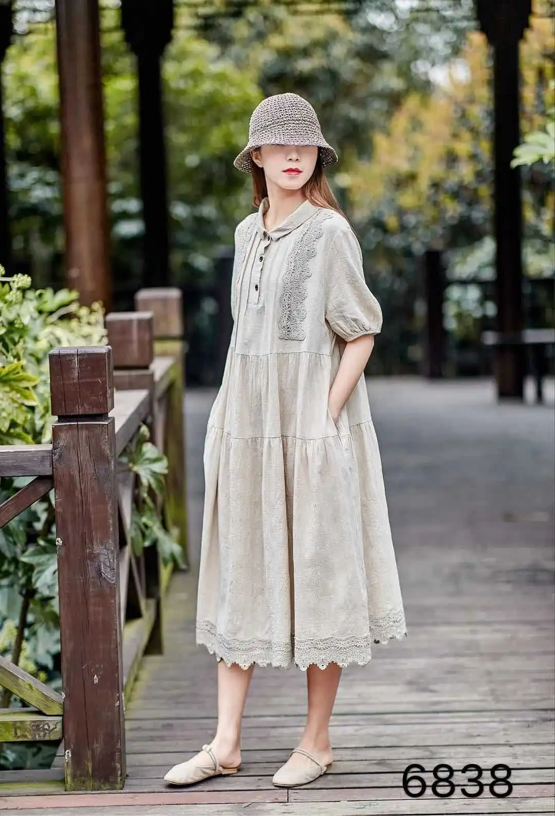 Autumn Mori Girl Loose Lace Patchwork Lantern Sleeve Cotton and Linen Short-sleeve Dress Women A-line Doll Dress Robe Tunic