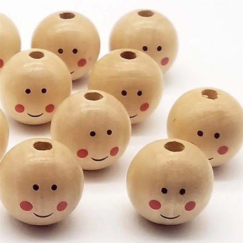 20pcs Wood Color Smiling Face Doll Head Wooden Bead Loose Beads Diy