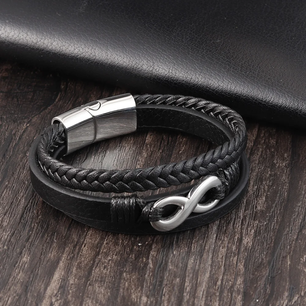 Stainless Steel Leather Bracelet Infinity Logo Special Popular Pattern Men's Bracelet DIY Valentine's Day Handsome Gift