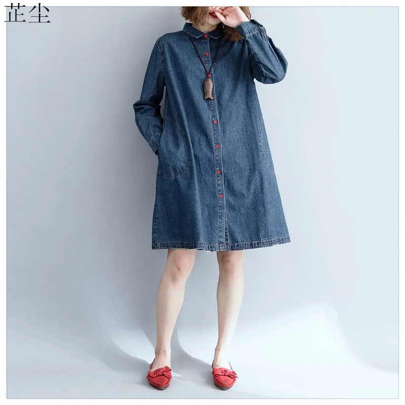 

Plus Size Denim Shirt Dress Women Autumn Loose Jeans Long Sleeve Blouse Shirt Top Office Female Clothing Denim Blusas Mujer 2019