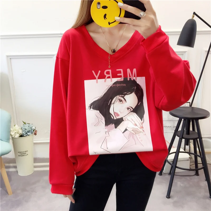 

Plus Size Loose Cartoon Logo V-Neck Letter Print Autumn Women Sweatshirts Jumper Long Sleeve Pullover Hoodies Female Sudaderas
