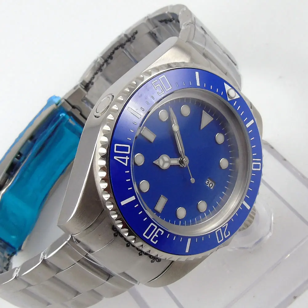 

Japan MIYOTA Automatic Male Wristwatch Ceramic Bezel Insert Date 43mm Blue Sterile Dial Luminous Deployment