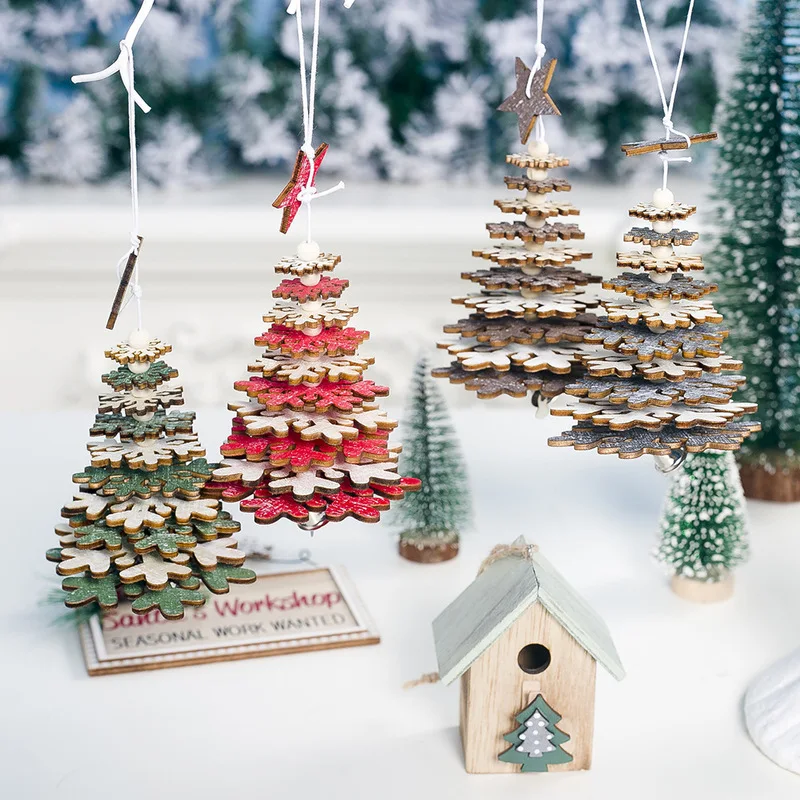 

Christmas Tree Wooden Hanging Pendant Rotate 3D Snowflake Pendants Xmas Tree Hanging Wooden Small Bell Home Decorations Gift