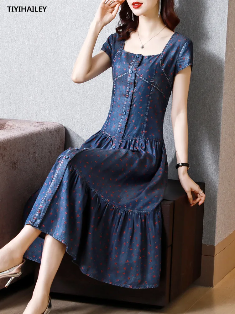 Tavimart Free Shipping S-XL White Lace And Mesh Dresses For Women Long Mid-calf Summer Embroidery Short Sleeve High Waist Dresses
