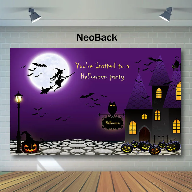 

NeoBack Halloween Backdrop Witch Pumpkin Lamp Photo Background Black Cat Kids Children Night Party Photography Backdrops