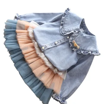

2020 New Baby Girls Two Pieces Sets Autumn Long Sleeve Denim Shirt Mesh Pleated Layered Skirt