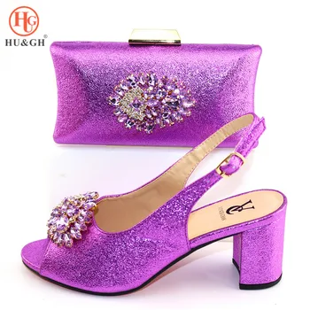 

2020 Luxury Purple Lady Party Shoe Matching Bag African Women Sexy Sandals Decorated with Rhinestone Women Open Toe Shoe and Bag