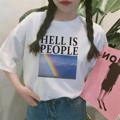 Женские футболки Tumblr футболка с рисунком на тему гранж Hell Is People принтом радуги и