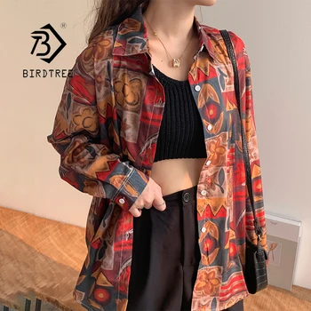 

Autumn New Arrival Women Vintage Oversized Geometric Print Shirt Batwing Sleeve Chiffon Blouse Chic Tops Feminina Blusa T06223F
