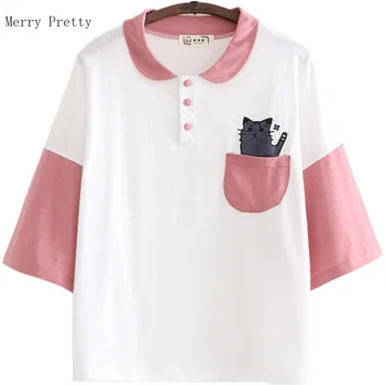 

Cartoon Cat Embroidery Pocket Funny T Shirts Turndown Collar Short Sleeve Cotton T Shirt 2020 Sumer Sweet Style Girl Tops Tees
