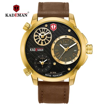 

KADEMAN New Fashion Casual Men Watches Big Dial Waterproof Leather Quartz Wrist Watch Male Sport Clock Relogio 3 Time Zones 6100