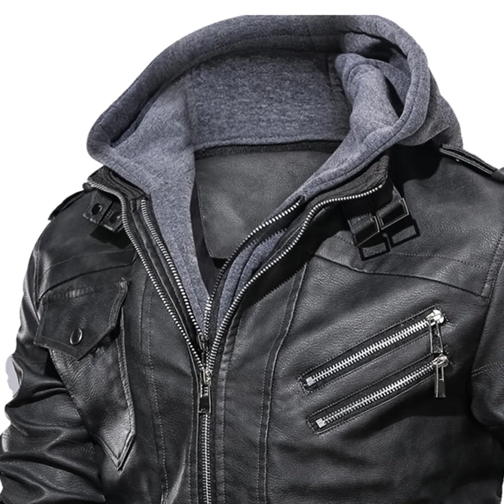 Мужское зимнее пальто, мужская кожаная куртка, Мужская мотоциклетная куртка со съемным капюшоном, мужская теплая куртка из натуральной кожи S7#3,5