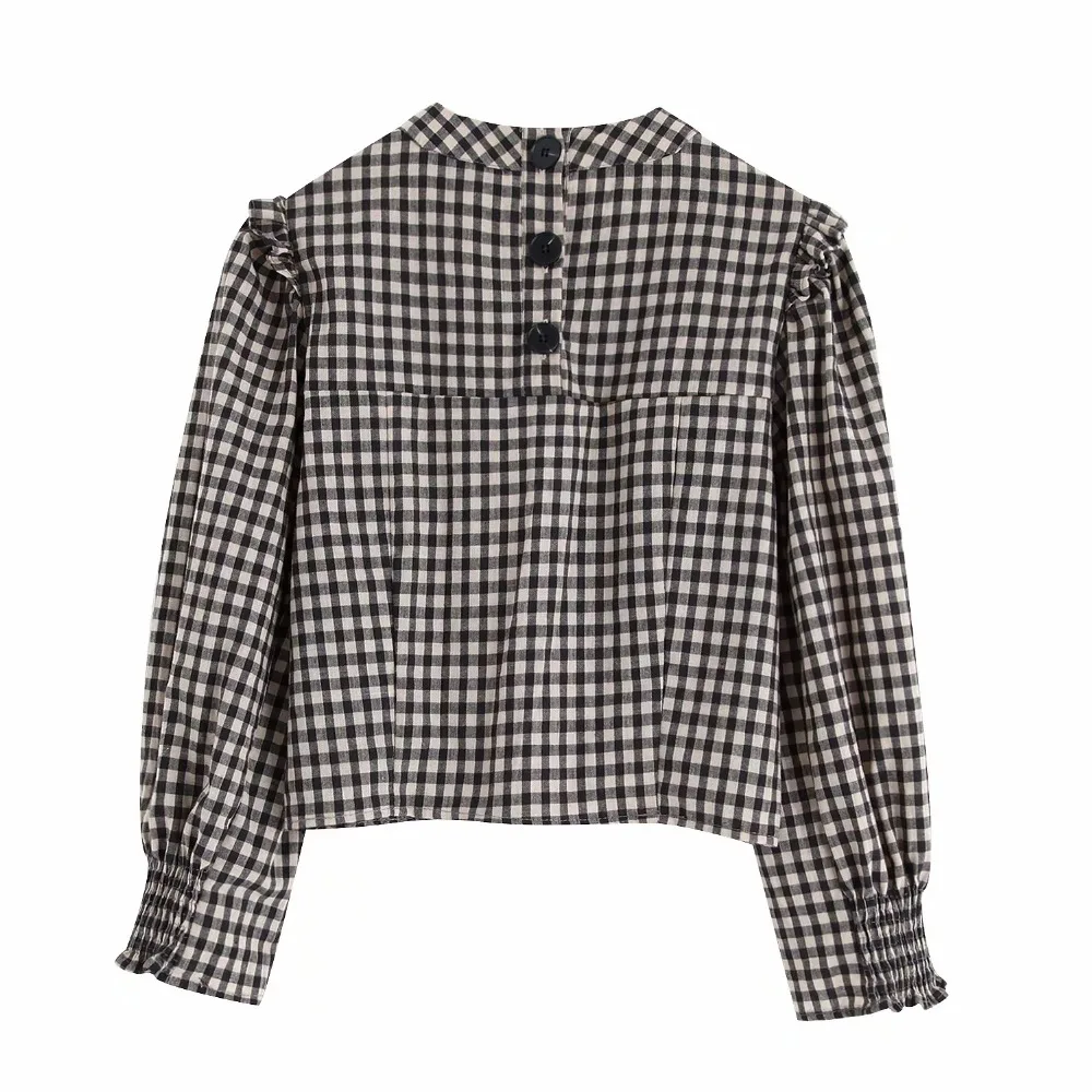 Увядшие blusas mujer de moda английский винтажный буф рукав пуговицы клетчатая Сексуальная короткая рубашка женские Топы И Футболки