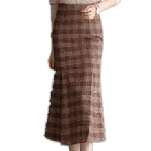 Осенне-зимняя винтажная Клетчатая Шерстяная Юбка русалки, Женская юбка с высокой талией, юбка-труба