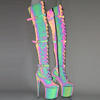 JIALUOWEI 8 Inch Lace Up Thigh High Boots Sexy Exotic Pole Dance Colorful Reflective Fabric Luminous Platform Shoes 3