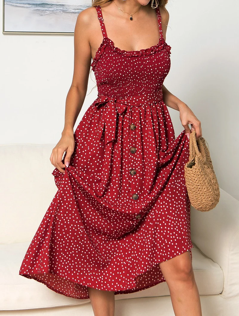 

Vestidos Polka Dot Print Sundress 2019 Strapless Ruffle Sashes Tied Bow A-Line Dress Women Button Backless Summer Beach Dresses