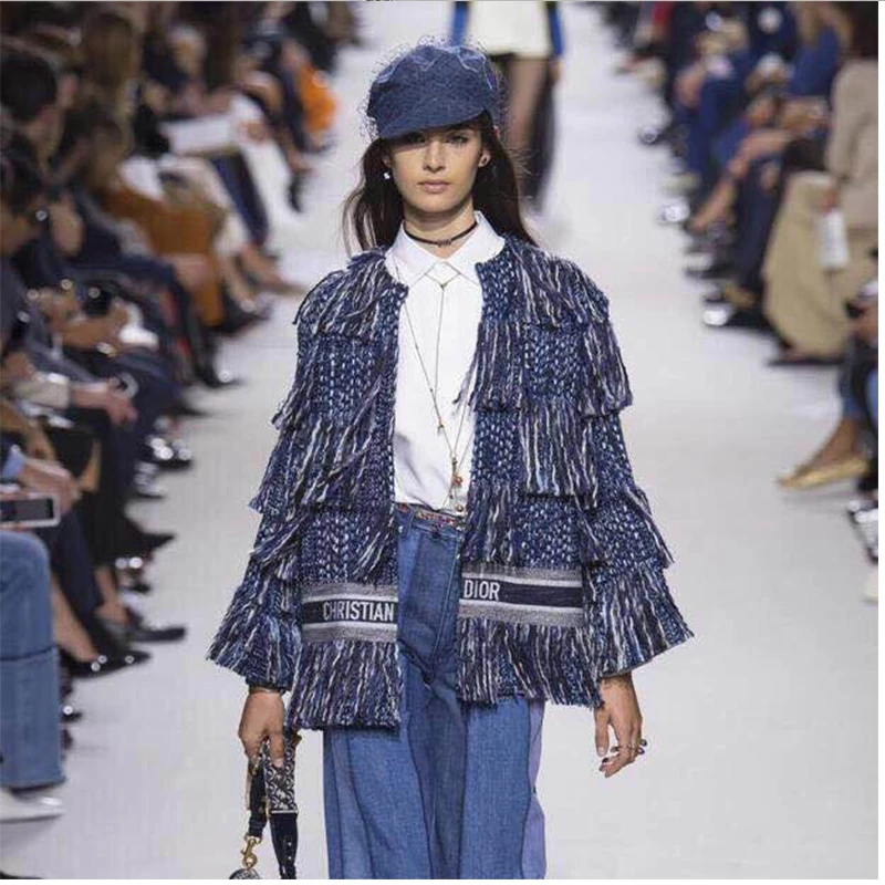 

Runway Designer Tassels Weave Tweed Jacket Coat New Women Fashion Fringed Long Sleeve Open Stitch Elegant Winter Woolen Overcoat