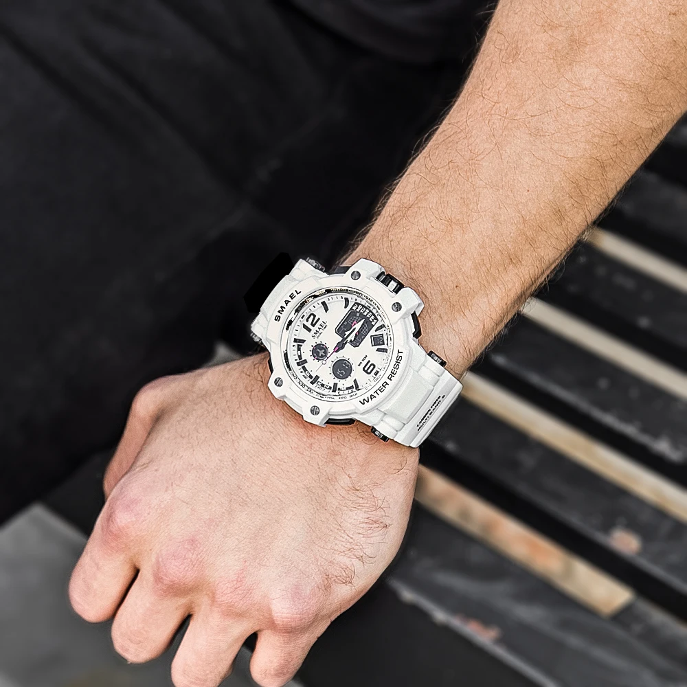 Мужские часы SMAEL белые спортивные светодиодные цифровые водонепроницаемые на