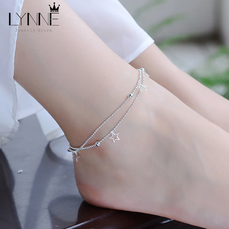 925 Sterling Silver Star Pendants Anklets Ladies Jewelry Double Layer Small Bead Chain Leaves Beach Anklet Bracelets anklet bracelets silver anklets ankle chain