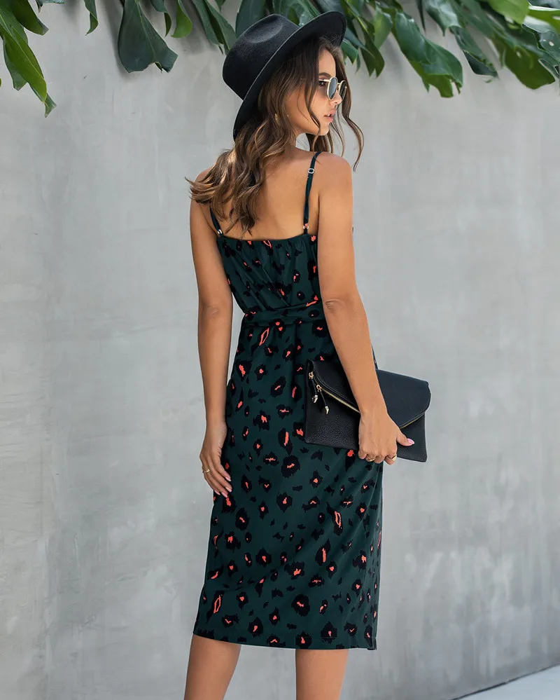 Wuhaobo летнее короткое леопардовое платье в стиле ретро, женское платье с v-образным вырезом и поясом на шнуровке, элегантное пляжное платье Boho Vestidos