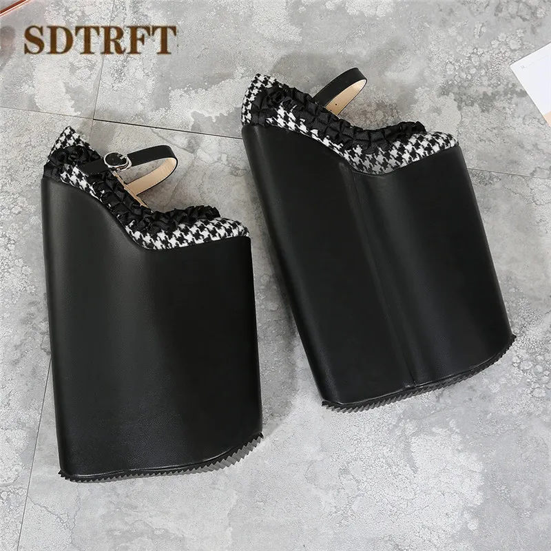 SDTRFT; sapato feminino; Туфли-лодочки на ультравысокой танкетке 30 см для студенток; женская обувь на платформе с круглым носком и пряжкой; обувь в стиле Лолиты для костюмированной вечеринки в стиле ретро