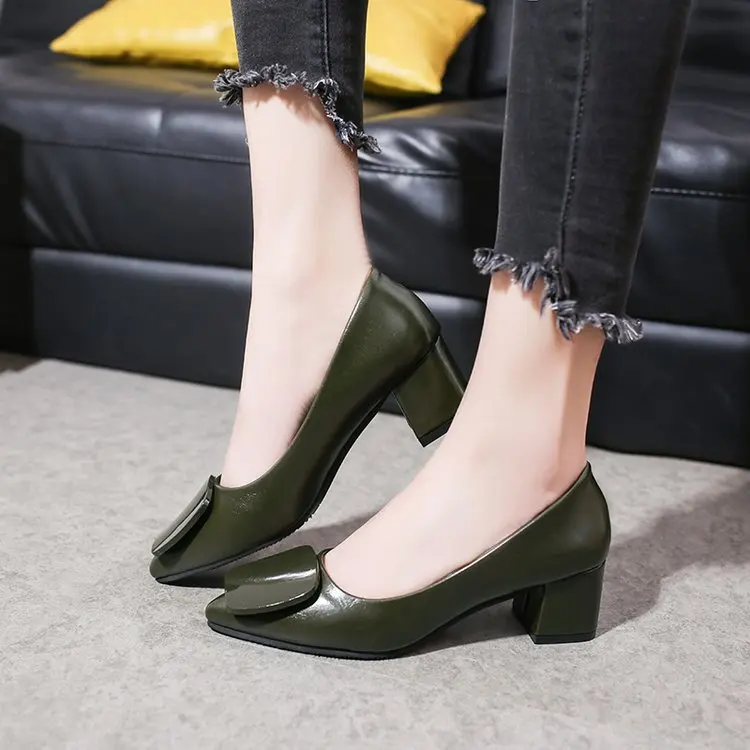 autumn new high heels women shose chunky heels pointed toe Square buckle large size womens shoes B94