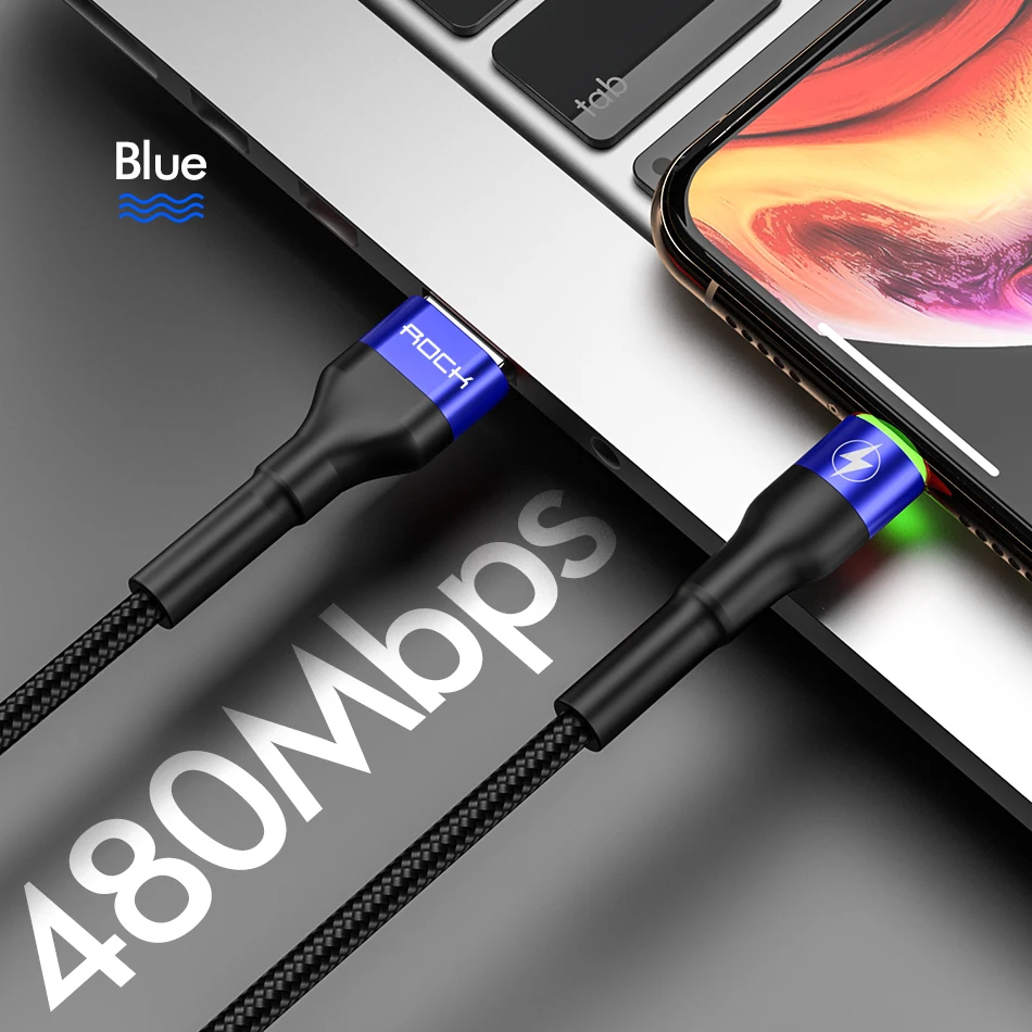 Blue With LED Light ROCK 3.1A высокопрочный usb-кабель для Apple iPhone 11 X XS 8 7 6 Plus, кабель для быстрой зарядки и синхронизации данных, 100 см, 200 см - Цвет: Blue With LED Light