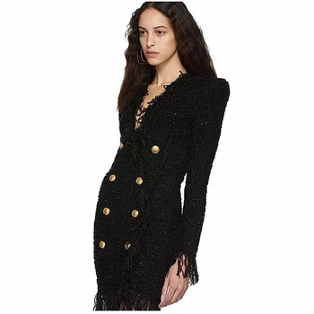 

2019 Autumn Winter Design Sexy V-neck Double Breasted Tweed Slim Straight Tassel Dress High Quality Party Dresses Vestidos K181