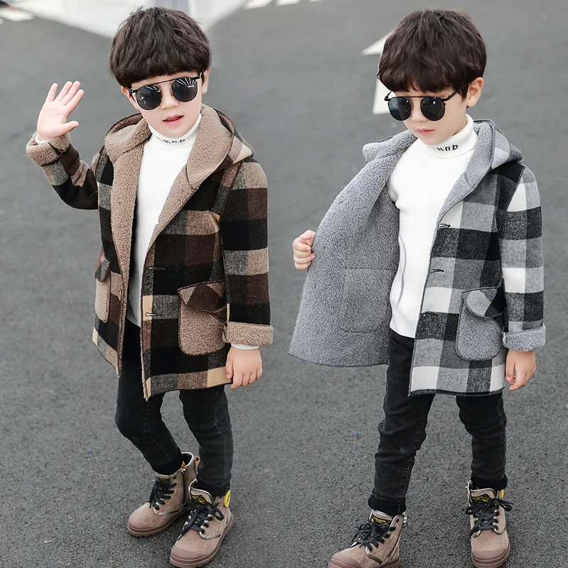 

Fleece Hooded Plaid Boys Coats Clothing New Winter 2019 Kids Warm Long Jackets Clothes Children Fashion Outerwear Tops Boys Coat