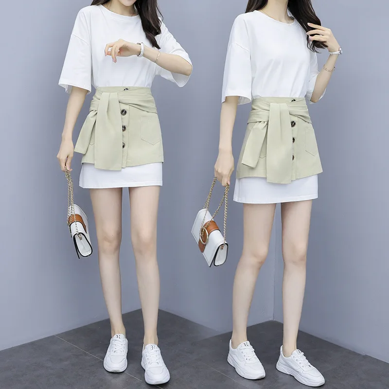 

2019 Summer New Style Large Size Dress Fat Mm Loose-Fit Slimming Mid-length T-shirt + Skirt Two-Piece Women's Fashion