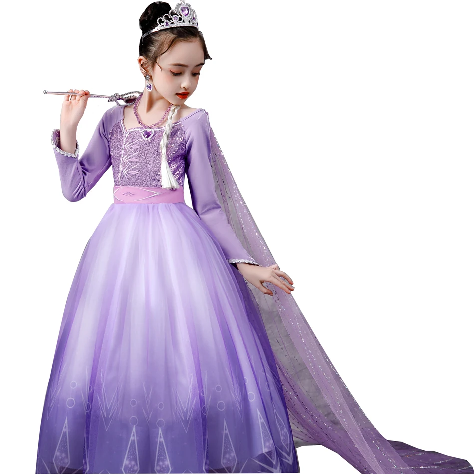 4pcs Princess Dress Winter Dress Girls Long Sleeve Halloween Costume  Children Party Cosplay Purple Multi-size Ns2