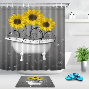 

Bathtub Sunflower Nature Plant Shower Curtain Polyester Fabric Sunflower Printing Bath Curtain With Hooks For Bathroom