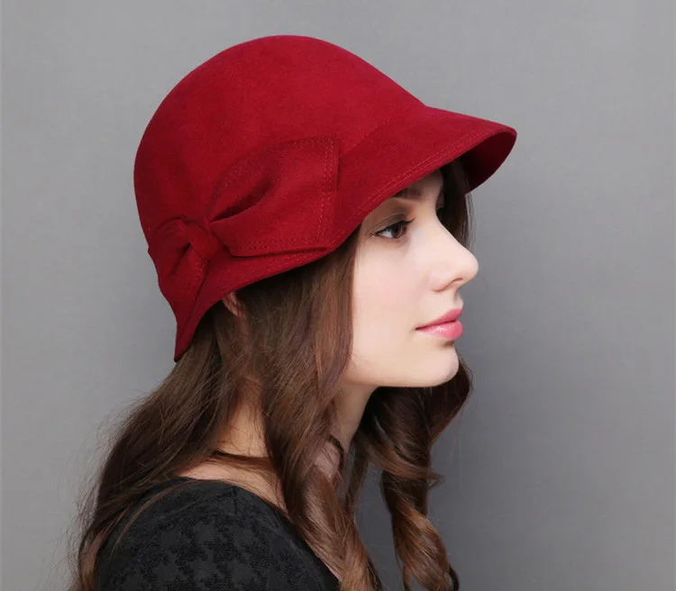 Бант шляпа-котелок из шерстяного войлока шляпы для женщин Chapeu Fedoras топ шапки женские PWSV003 - Цвет: burgundy
